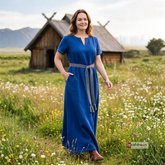 ELVA — Blue Cotton Canvas Short Sleeve Viking Underdress with Hidden Pockets