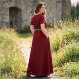 ELVA — Burgundy Cotton Canvas Short Sleeve Viking Underdress with Hidden Pockets