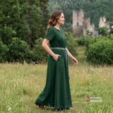 ELVA — Green Cotton Canvas Short Sleeve Viking Underdress with Hidden Pockets
