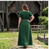 ELVA — Green Cotton Canvas Short Sleeve Viking Underdress with Hidden Pockets