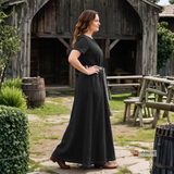 ELVA — Black Cotton Canvas Short Sleeve Viking Underdress with Hidden Pockets