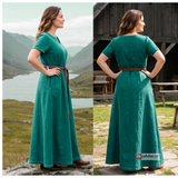 ELVA — Forest Green Cotton Canvas Short Sleeve Viking Underdress with Hidden Pockets