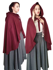 ANITA Burgundy Wool Riding Cape – Medieval Viking Woolen Cloak with Hood