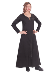 FAYE Cotton Black - Robe fendue devant et dos pour femme style viking médiéval avec coutures cousues à la main