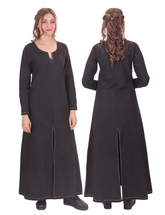 FAYE Cotton Black - Medieval Viking Women’s Front and Back Slitted Dress with Hand-Stitched Seams