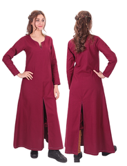 FAYE Cotton Burgundy - Medieval Viking Women’s Front and Back Slitted Dress with Hand-Stitched Seams
