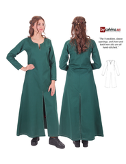 FAYE Cotton Forest Green - Medieval Viking Women’s Front and Back Slitted Dress with Hand-Stitched Seams