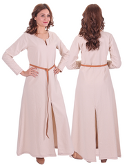 FAYE Cotton Natur - Medieval Viking Women’s Front and Back Slitted Dress with Hand-Stitched Seams