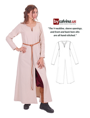 FAYE Cotton Natur - Medieval Viking Women’s Front and Back Slitted Dress with Hand-Stitched Seams