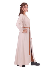 FAYE Cotton Natur - Medieval Viking Women’s Front and Back Slitted Dress with Hand-Stitched Seams