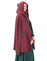 Cape courte bordeaux KELLY WOOL – Cape courte médiévale en laine viking avec capuche et poches
