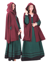 KELLY WOOL Burgunderroter Kurzumhang – Mittelalterlicher Kurzumhang aus Wikingerwolle mit Kapuze und Taschen