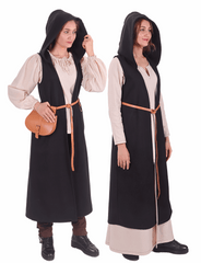 NORA Wool Battle Black Coat Dress – Medieval Viking Open-Front Surcoat (S–6XL)