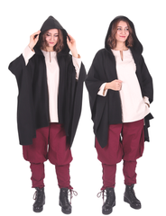 STELLA Wool Black – Poncho à capuche en laine maxi médiéval viking et à usage quotidien