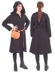 TYRA Cotton Canvas Black Tunic - Women's Medieval Viking Cotton Canvas Hooded Tunic