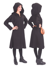 TYRA Schwarze Tunika aus Baumwoll-Canvas - Mittelalterliche Wikinger-Tunika aus Baumwoll-Canvas mit Kapuze für Damen