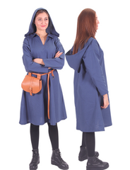 TYRA Cotton Canvas Blue Tunic - Women's Medieval Viking Cotton Canvas Hooded Tunic