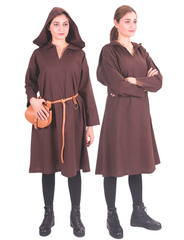 TYRA Cotton Canvas Brown Tunic - Women's Medieval Viking Cotton Canvas Hooded Tunic