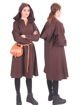TYRA Braune Tunika aus Baumwoll-Canvas - Mittelalterliche Wikinger-Tunika aus Baumwoll-Canvas mit Kapuze für Damen