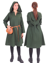 TYRA Baumwoll-Canvas Grün - Mittelalterliche Wikinger-Tunika mit Kapuze für Damen