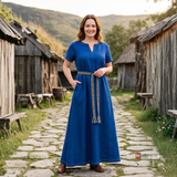 ELVA — Blue Cotton Canvas Short Sleeve Viking Underdress with Hidden Pockets