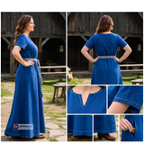 ELVA — Blue Cotton Canvas Short Sleeve Viking Underdress with Hidden Pockets
