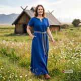 ELVA — Blue Cotton Canvas Short Sleeve Viking Underdress with Hidden Pockets