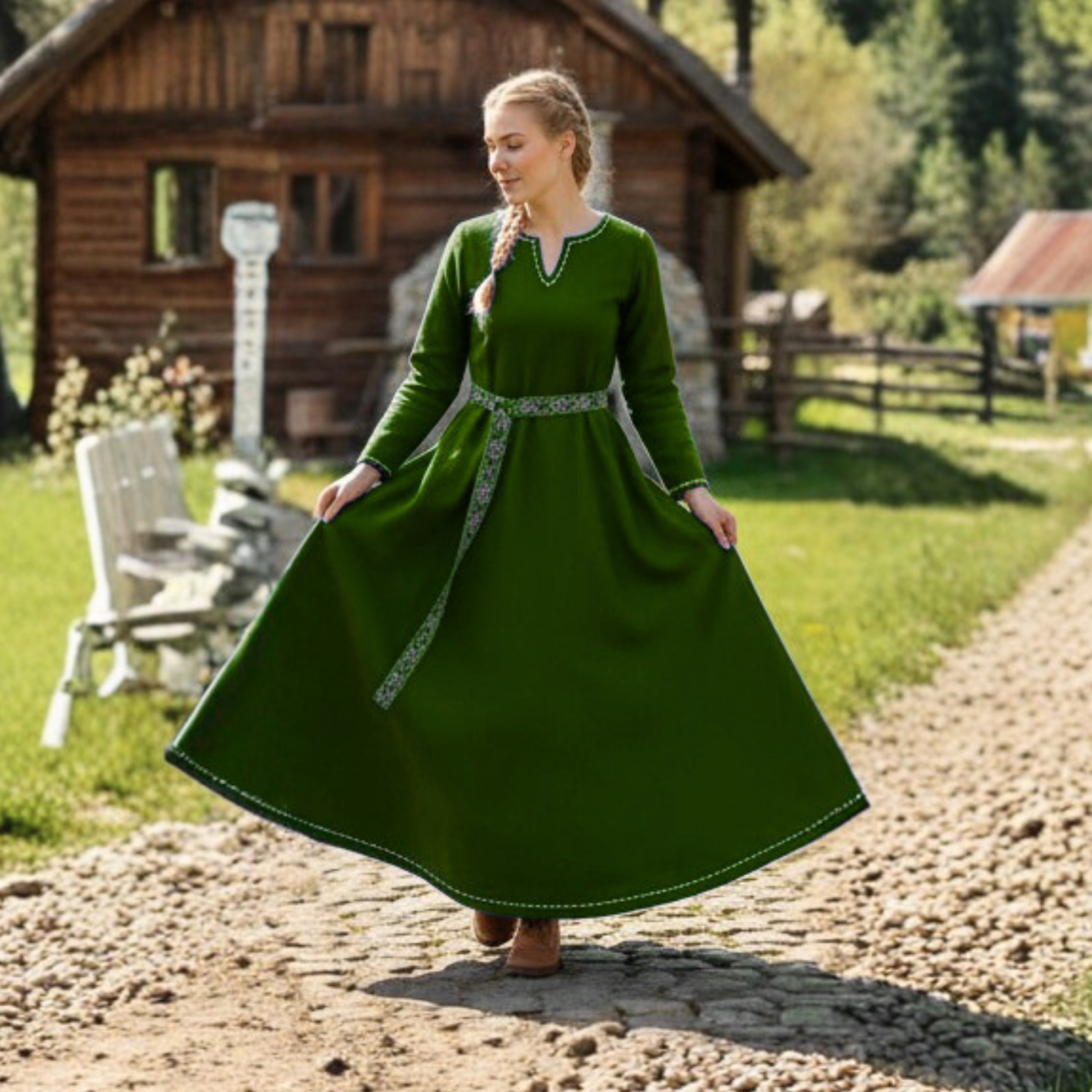 FREYA Coton Vert - Sous-robe Viking Médiévale