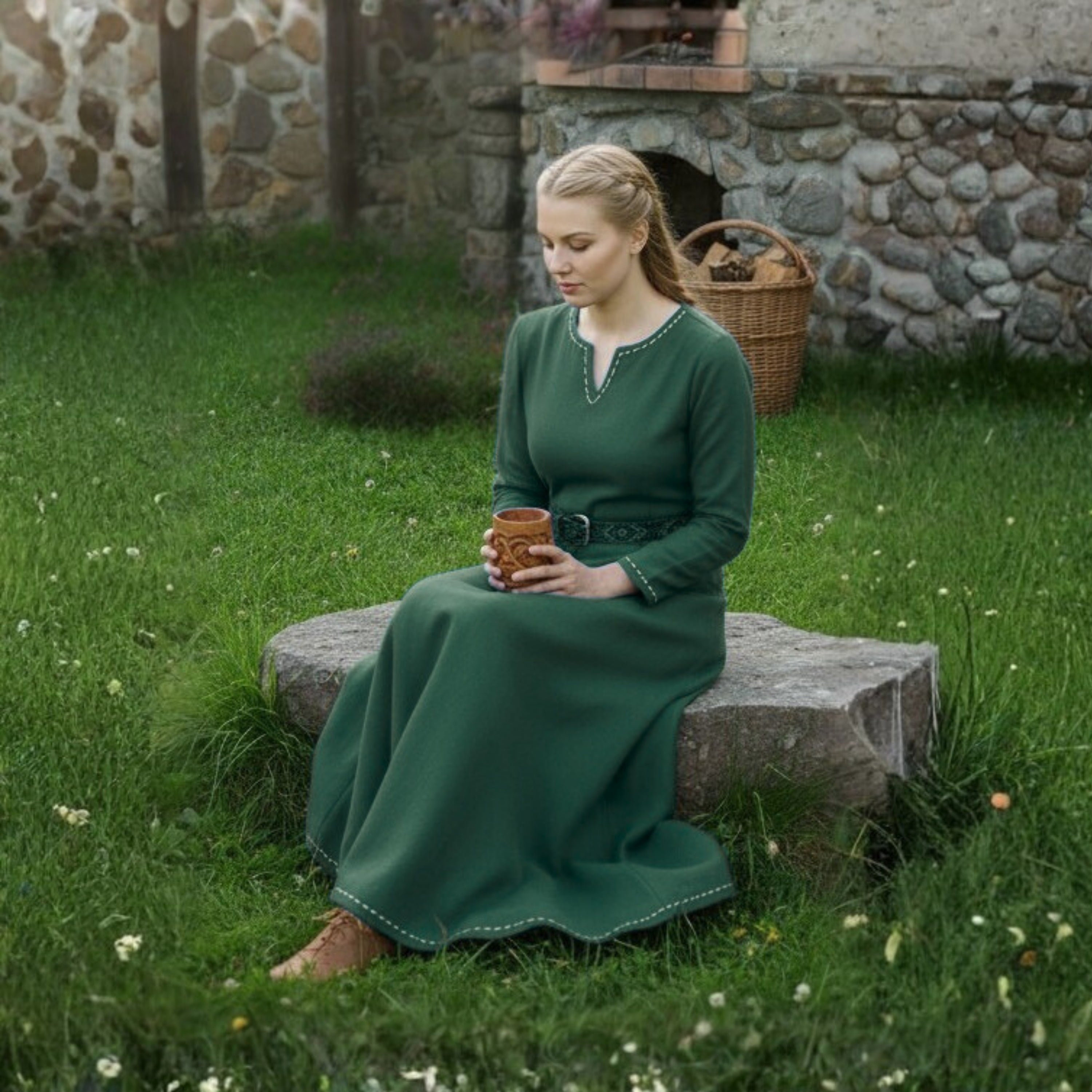 FREYA Coton Vert - Sous-robe Viking Médiévale