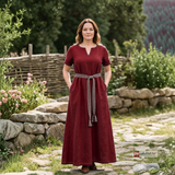 ELVA — Burgundy Cotton Canvas Short Sleeve Viking Underdress with Hidden Pockets