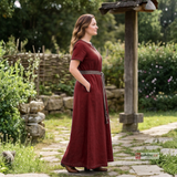 ELVA — Burgundy Cotton Canvas Short Sleeve Viking Underdress with Hidden Pockets