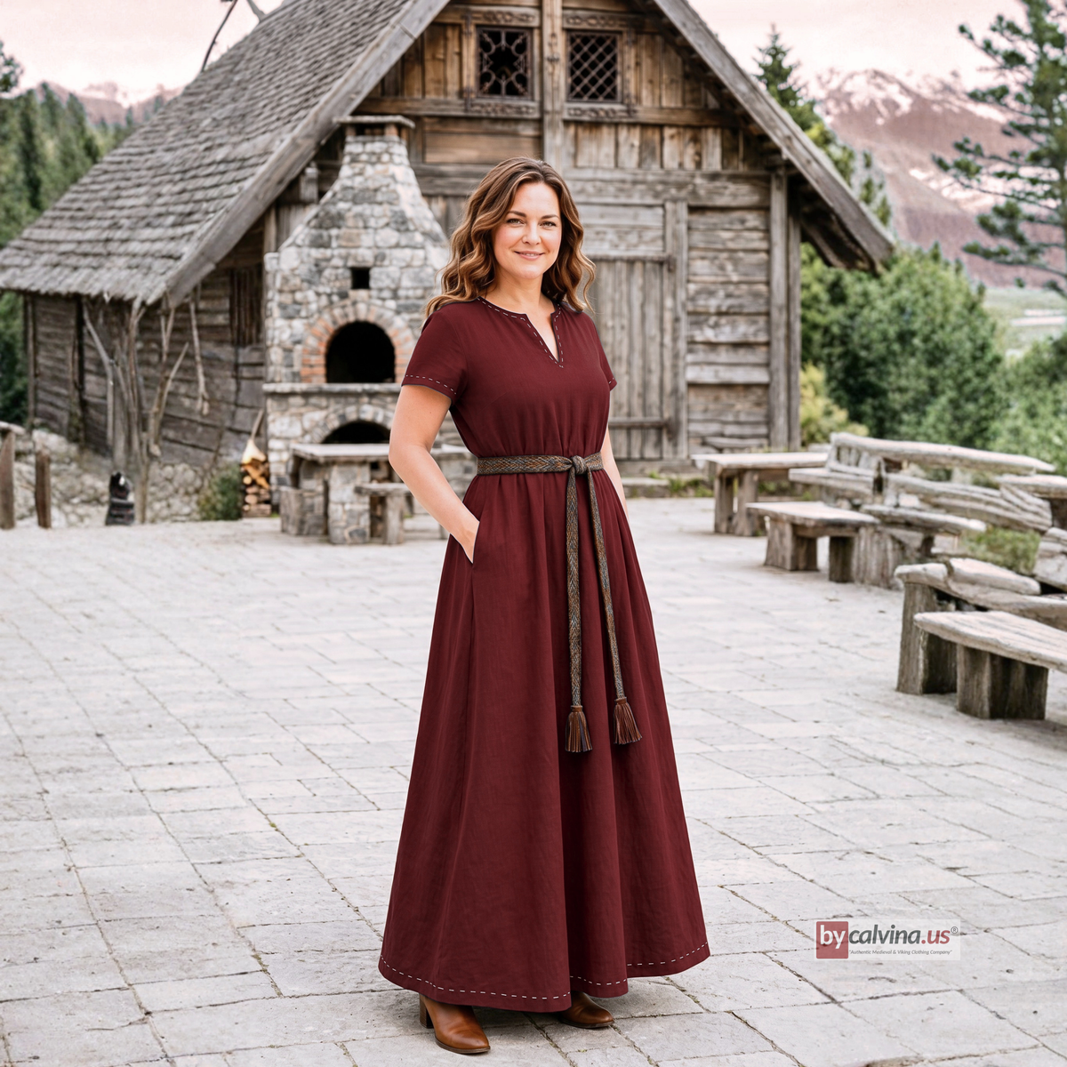 ELVA — Burgundy Cotton Canvas Short Sleeve Viking Underdress with Hidden Pockets