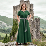 ELVA — Green Cotton Canvas Short Sleeve Viking Underdress with Hidden Pockets