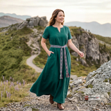 ELVA — Forest Green Cotton Canvas Short Sleeve Viking Underdress with Hidden Pockets