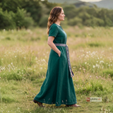ELVA — Forest Green Cotton Canvas Short Sleeve Viking Underdress with Hidden Pockets