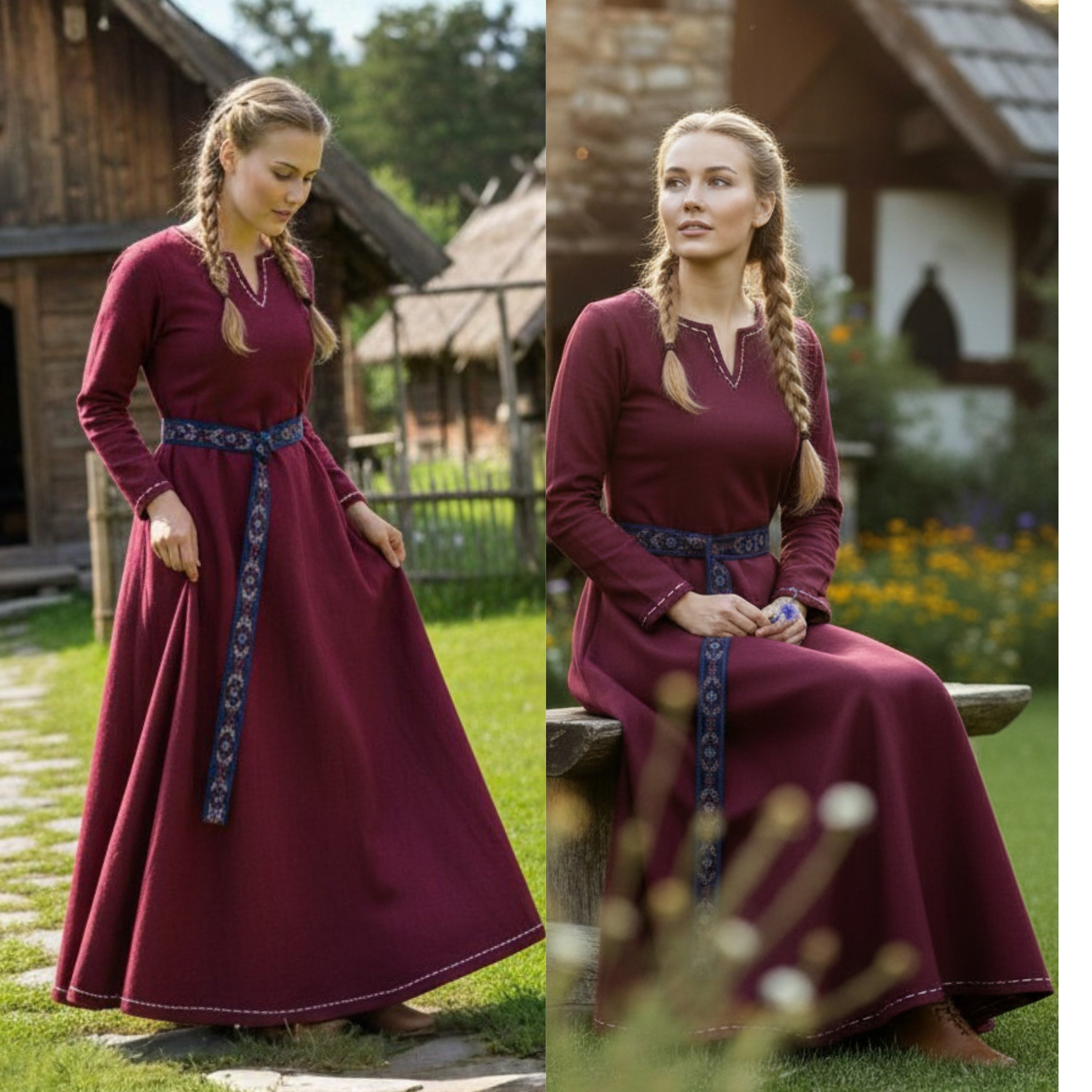 FREYA Coton Bordeaux - Sous-robe médiévale viking