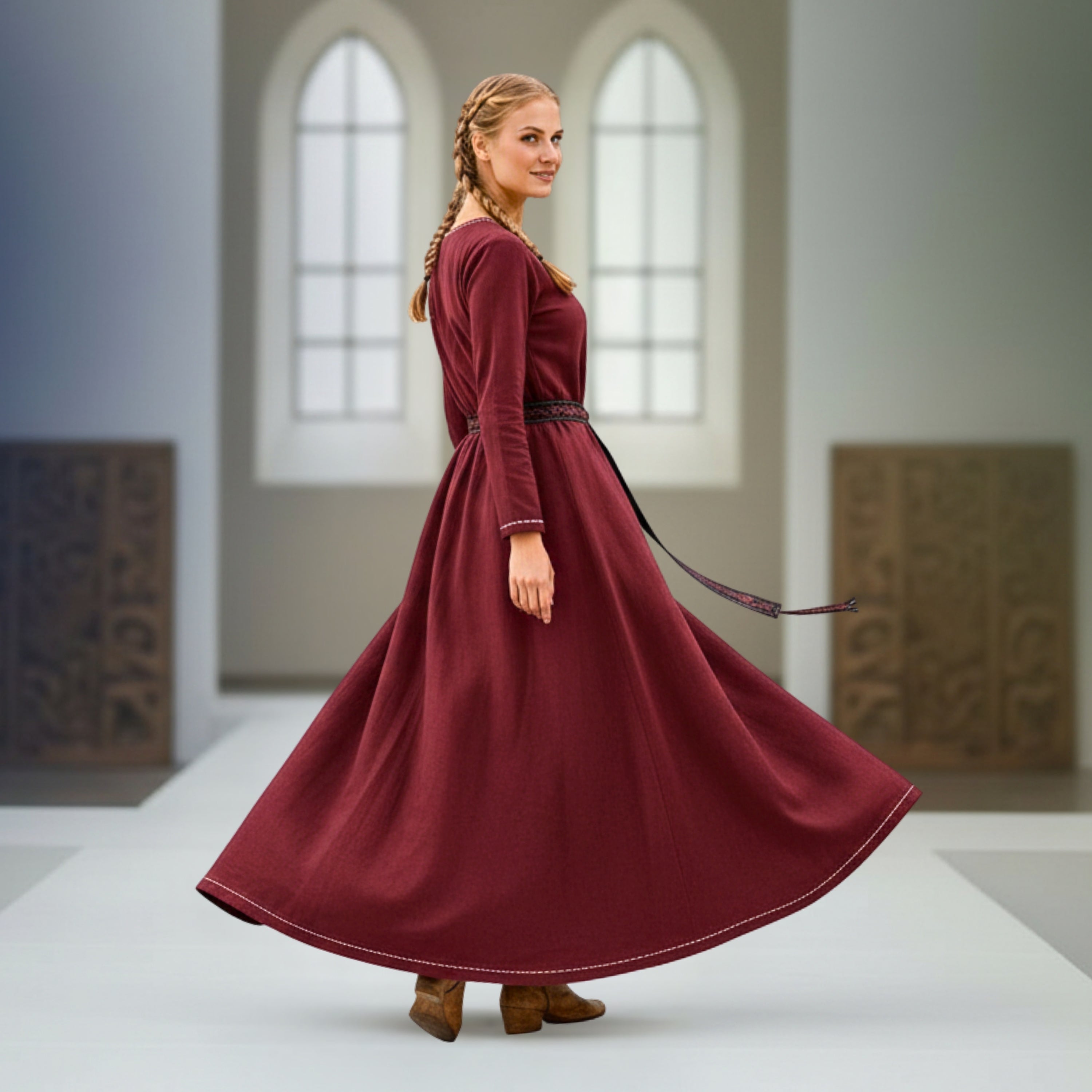 FREYA Coton Bordeaux - Sous-robe médiévale viking