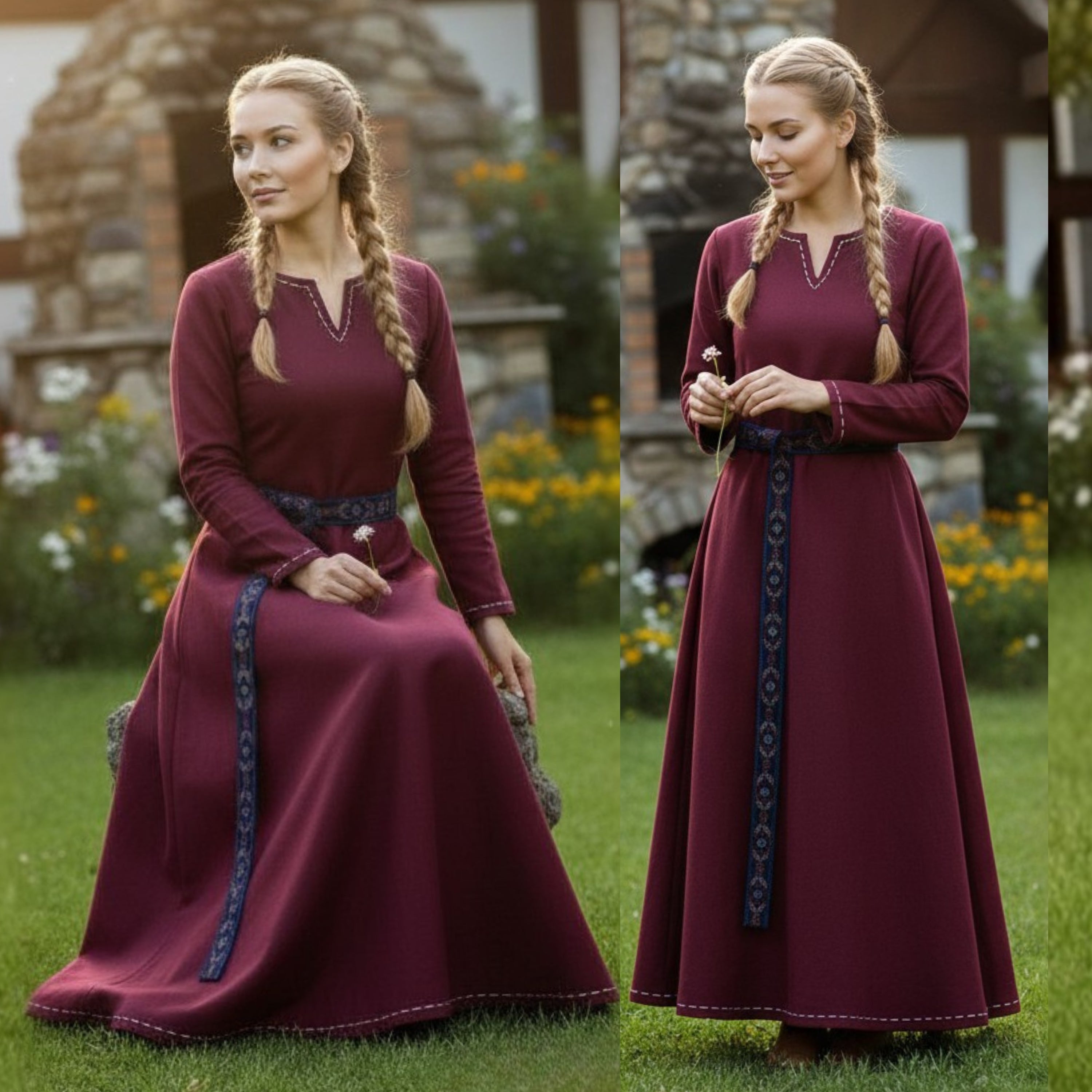 FREYA Coton Bordeaux - Sous-robe médiévale viking
